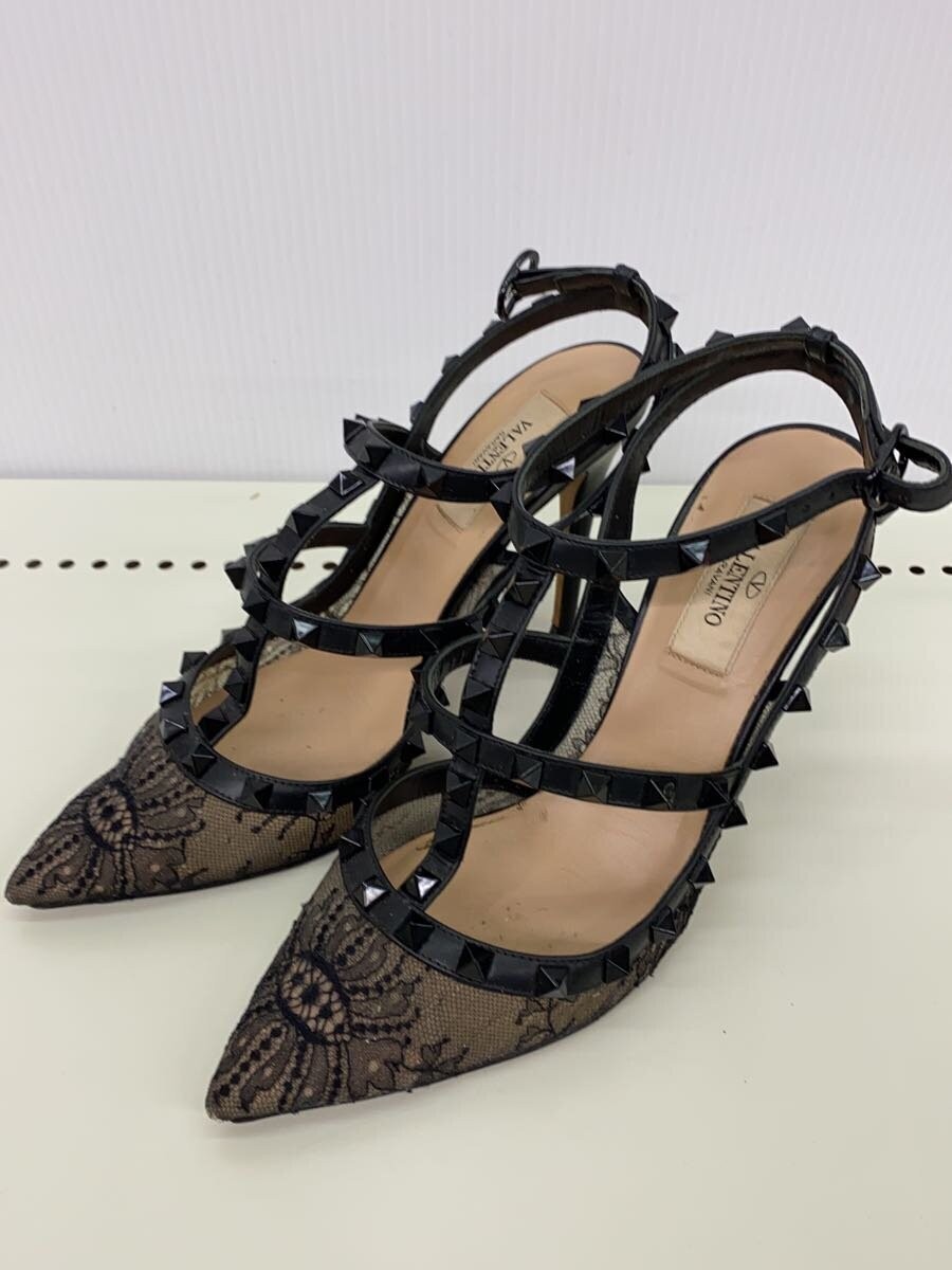 Valentino Garavani Rockstud Strap Heel Sandals Black Lace Leather EU:37 US:7