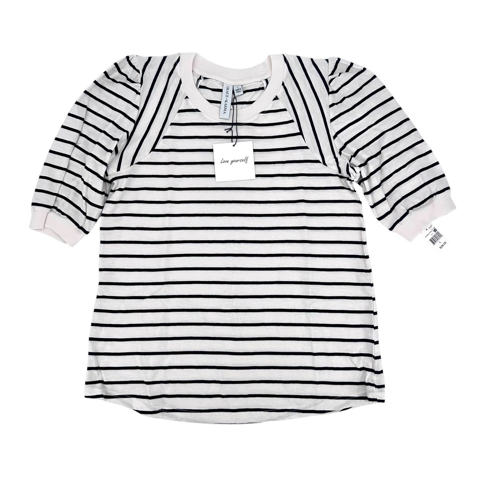Grace + Karma Puff Sleeve Striped Top Women’s Large White Black NEW