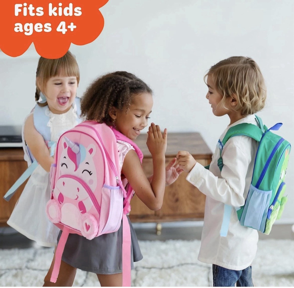 Move2Play Dinosaur Kids Backpack Water Resistant, Green/Blue/Orange, Pockets