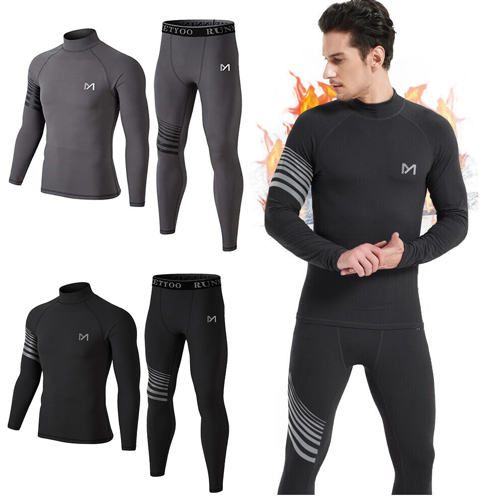 Mens Fleece Lined Thermal Long Johns Top Bottom Underwear Set Winter Turtleneck