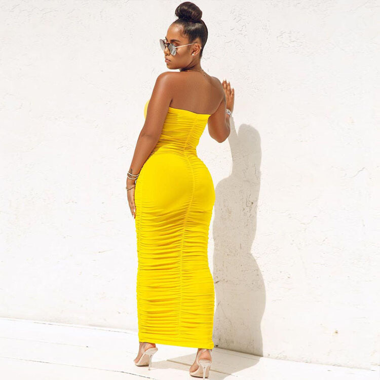 Women’s Sexy Ruched Tight Strapless Sleeveless Bodycon Tube Maxi Long Club Dress