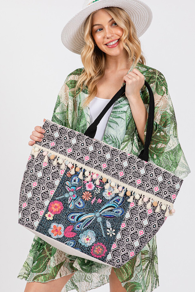 Anthropologie Style Women Boho Pattern Dragonfly Tassel Beach Resort Tote Bag