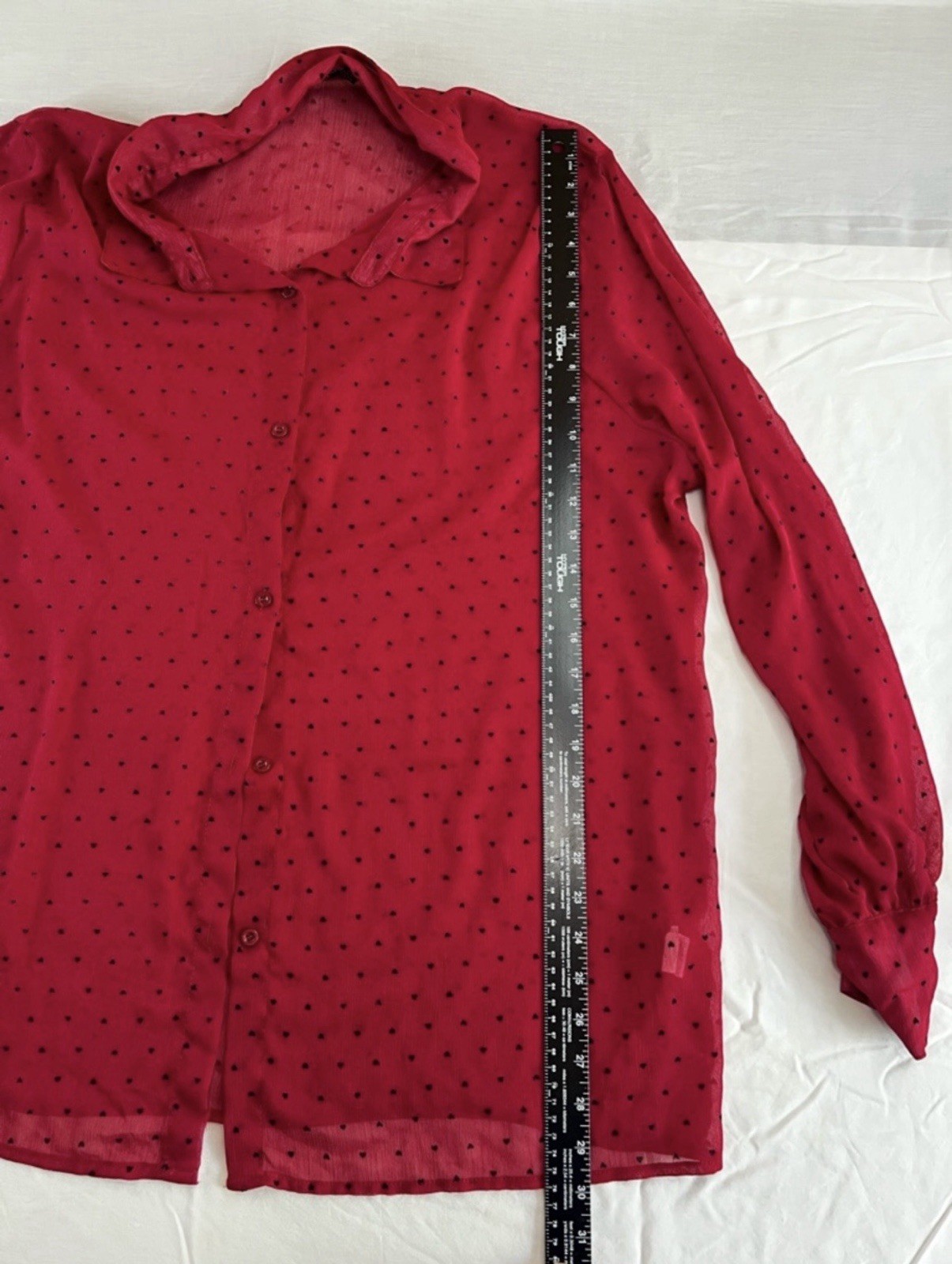 boohoo Red Sheer Chiffon Heart Print Collared Button-Up Long Sleeve Blouse 20