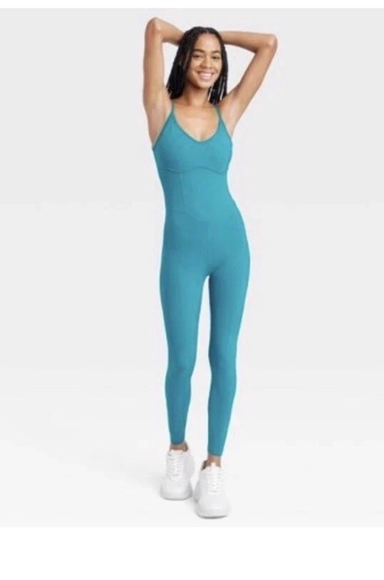 JoyLab Women’s Corset Bodysuit Leotard Stretch Jersey U-Neckline Teal Blue XL