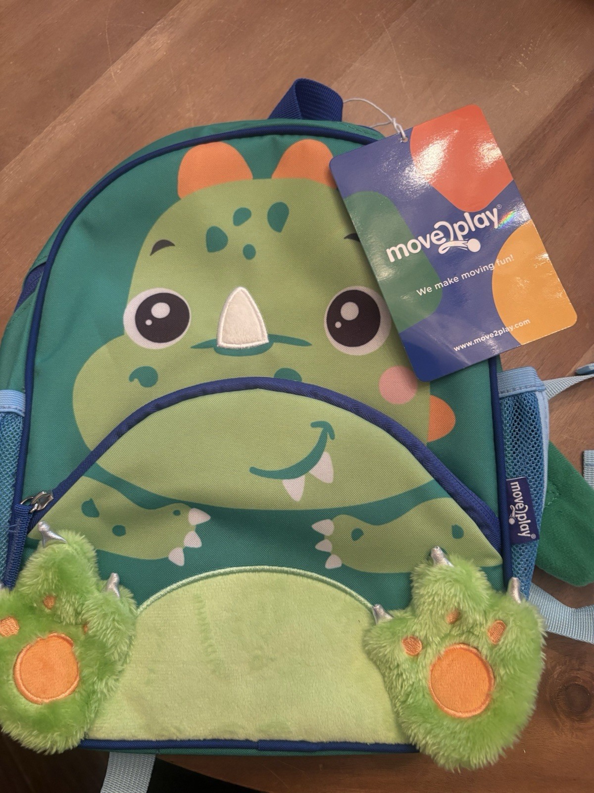 Move2Play Dinosaur Kids Backpack Water Resistant, Green/Blue/Orange, Pockets