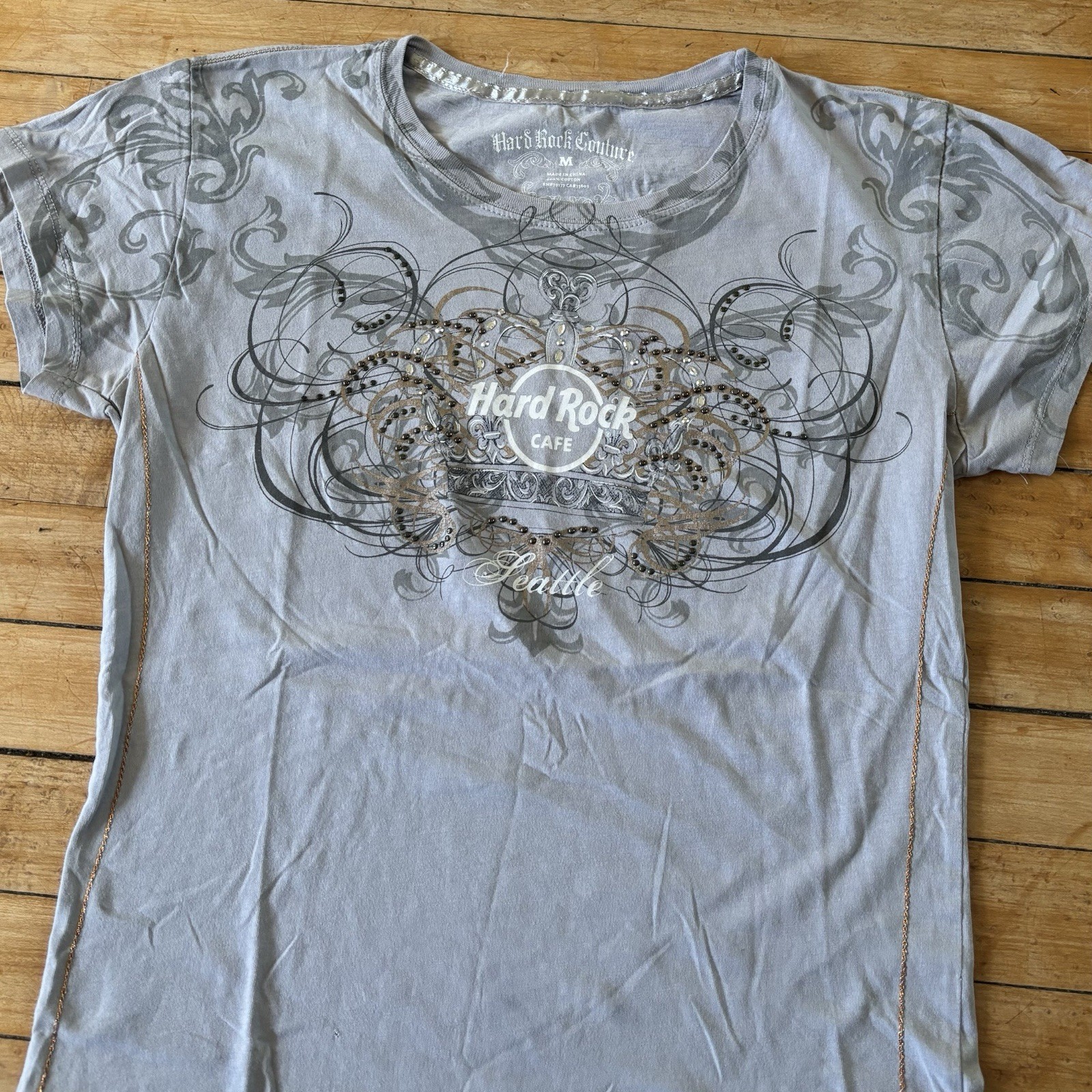 VTG Hard Rock Couture T-Shirt Rhinestone Goth Emo Embellished Womens M Grunge