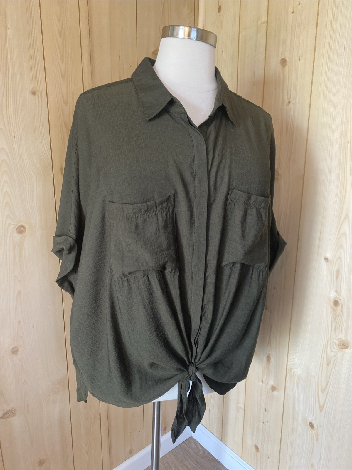 City Chic Olive Green Lightweight Button Blouse Tie Front. XXL (24)
