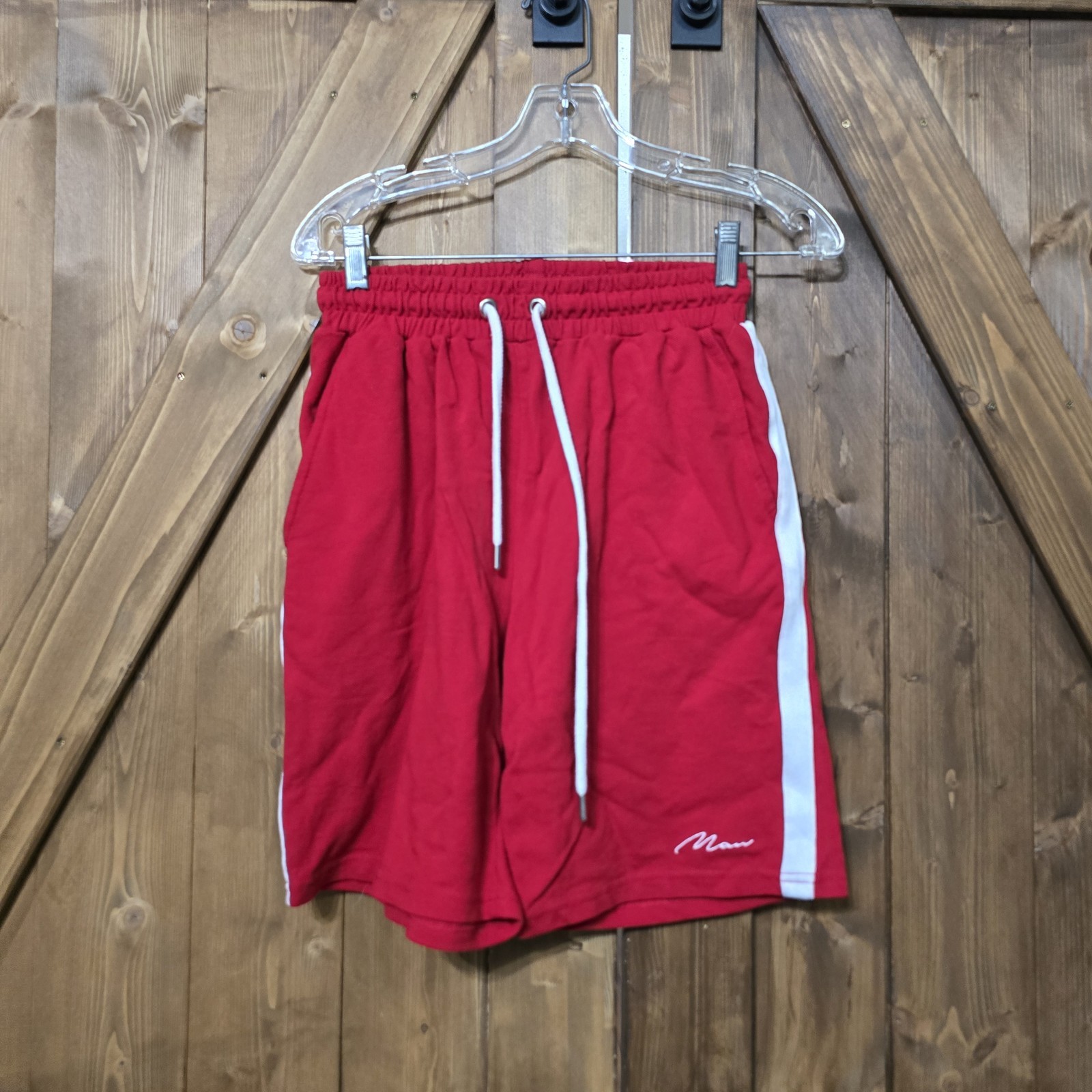 MAN boohooMAN Red Track Shorts Mens Medium White Side Stripe Drawstring