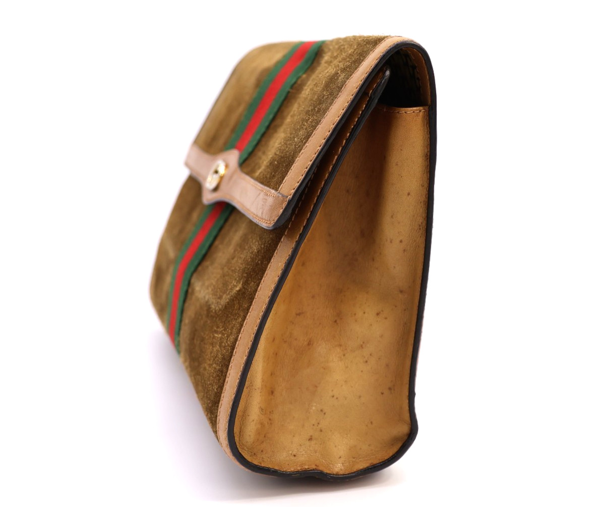 GUCCI VINTAGE Web Stripe Clutch Suede Leather Camel Large Rare Authentic