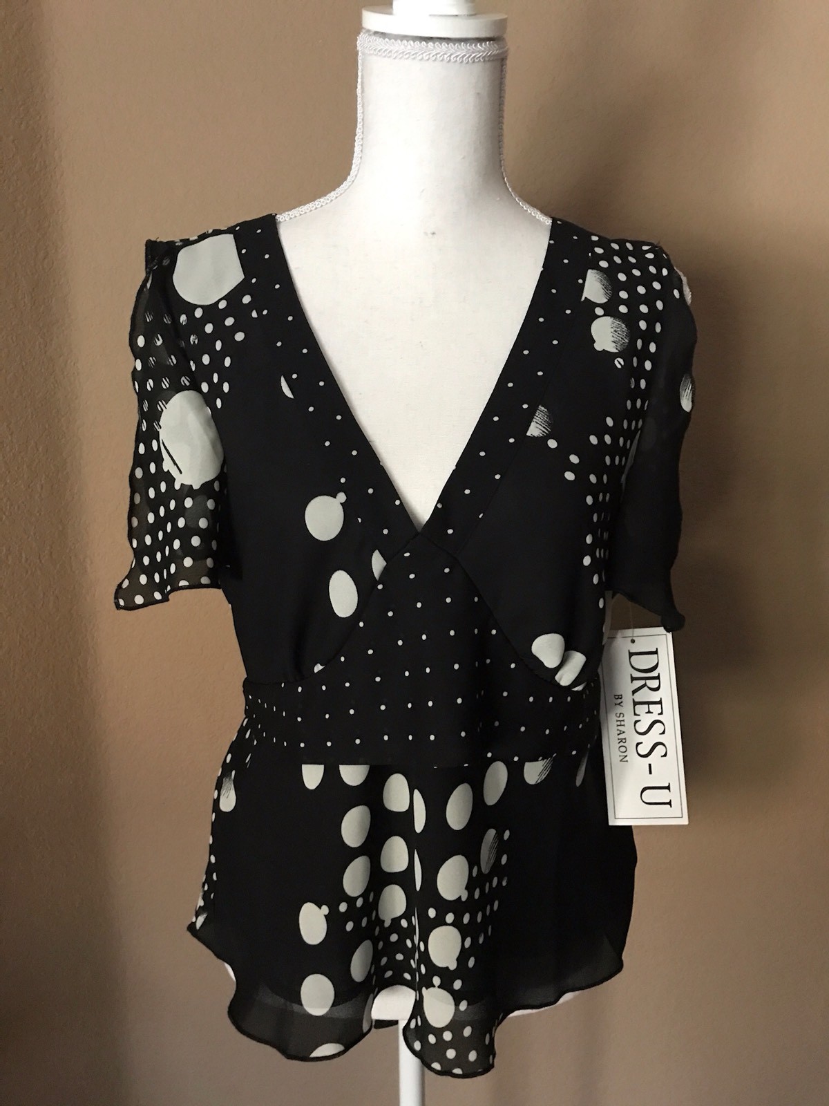 Women’s Dress-U By Sharon Blouse Top Black With White Dots Size Large