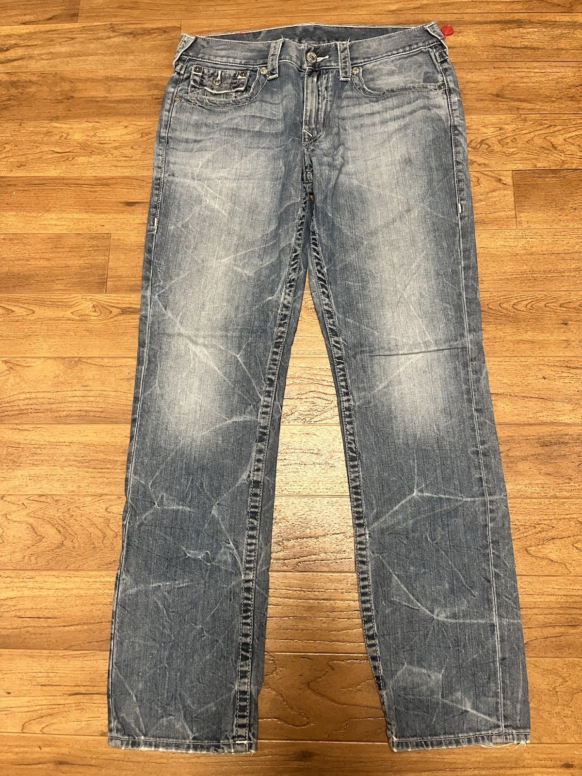 True Religion Jeans Mens Size 33 Blue Straight Leg Flap Pockets Distressed Denim