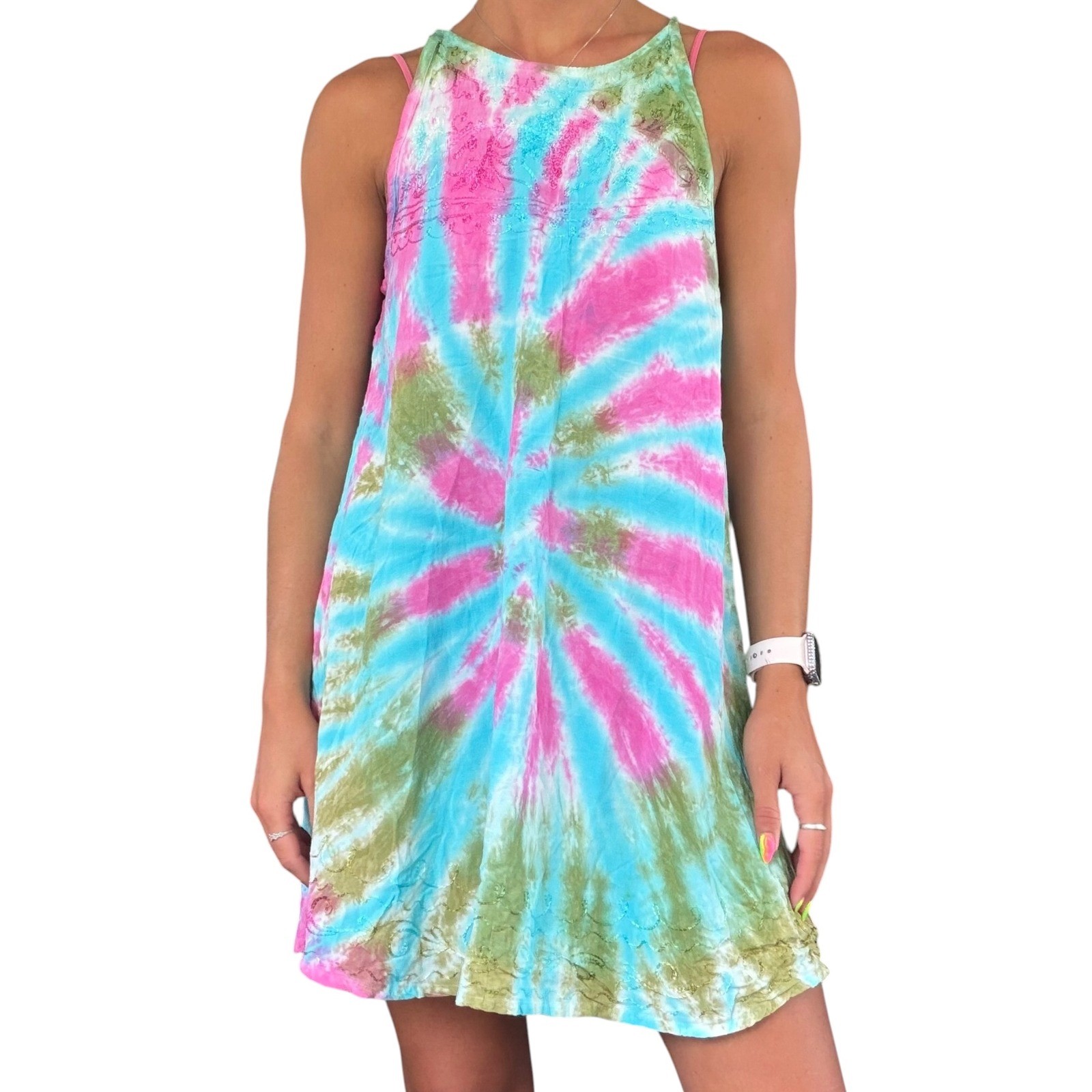 India Boutique One Size Pink Blue Green TieDye Embroider Halter Mini Dress Beach