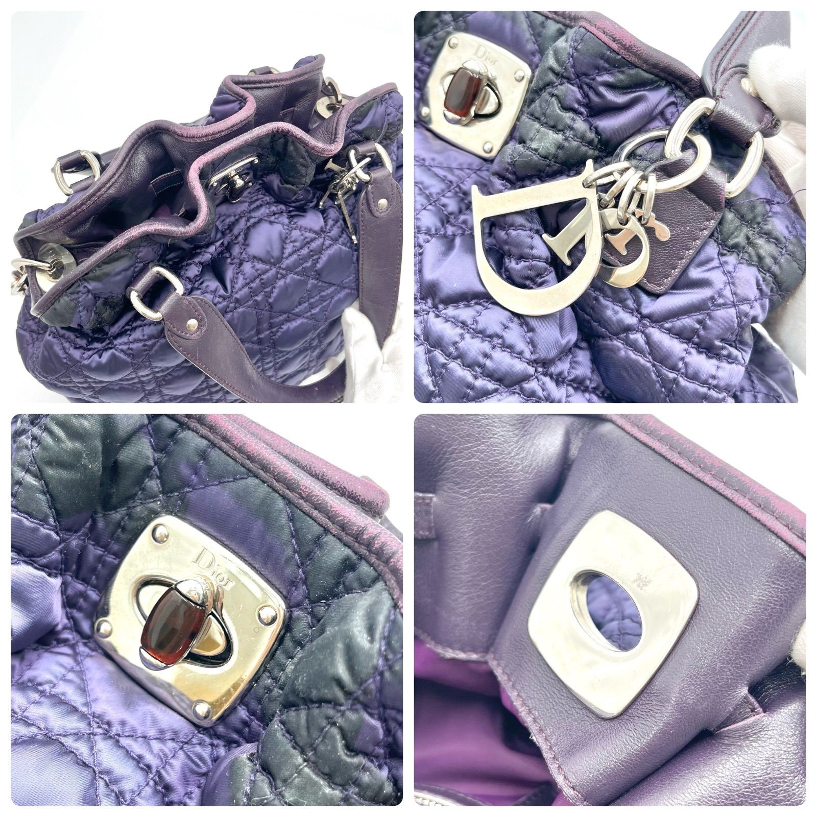 Auth Christian Dior Cannage Nylon Tote Bag and Shoulder Bag, Purple 2Y9816
