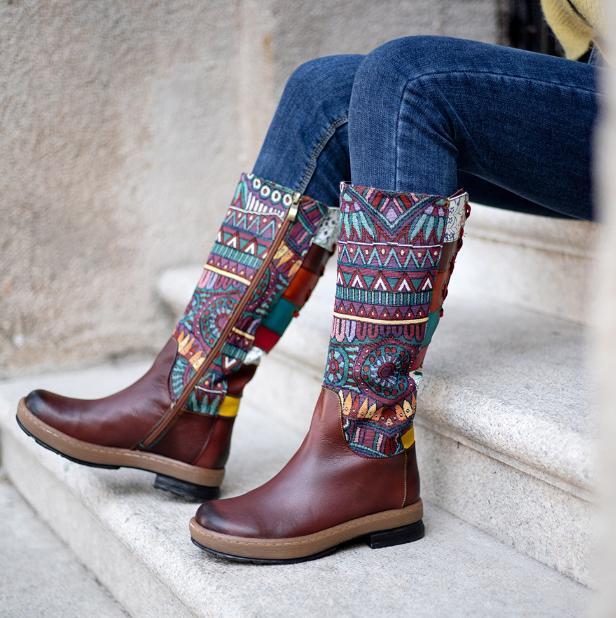 Womens Boho Leather Splicing Knee High Boots Zip Lace Up Shoes Casual Ethnic