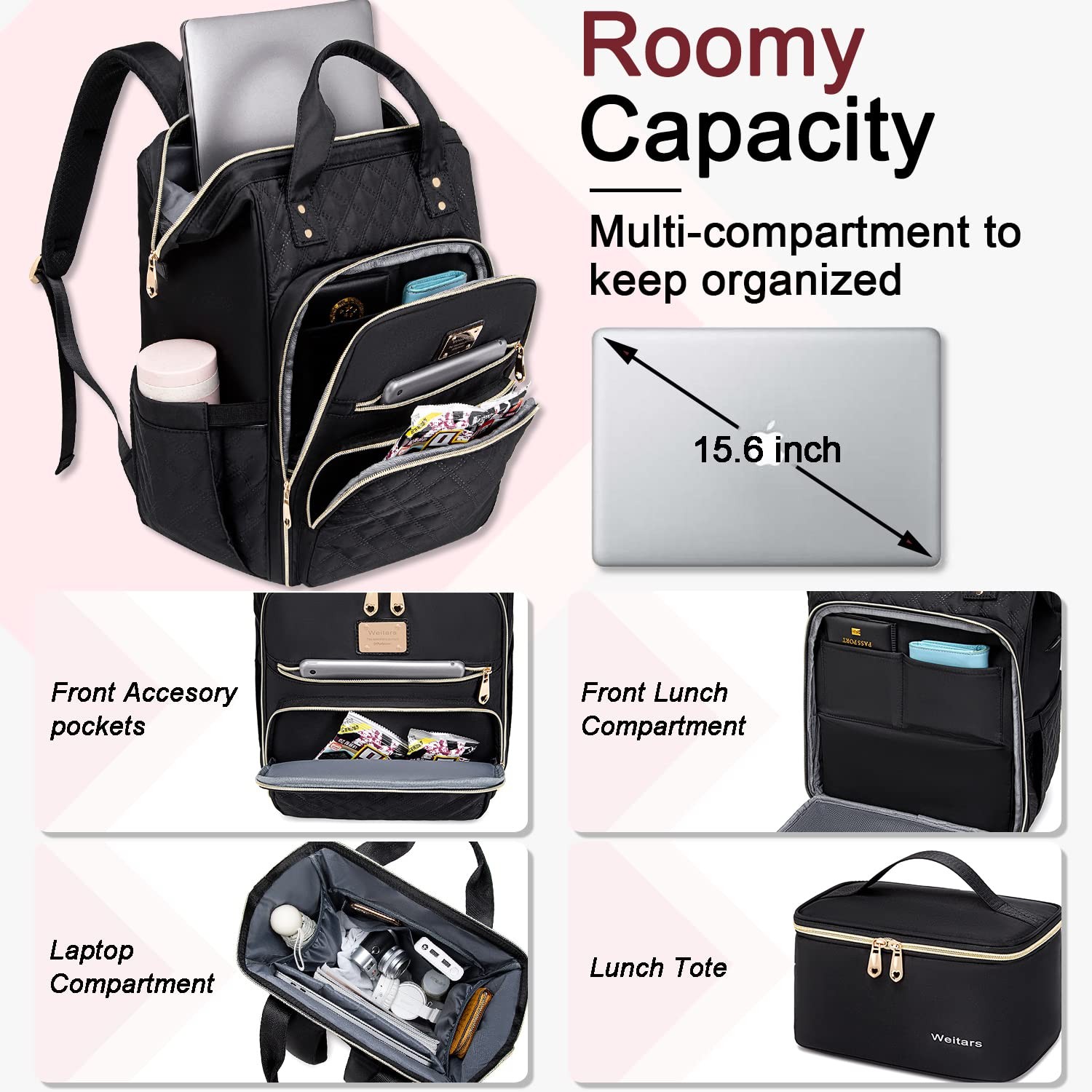 Weitars Lunch Backpack For Women,15.6 Inch Laptop Backpacks For Womens Back p…