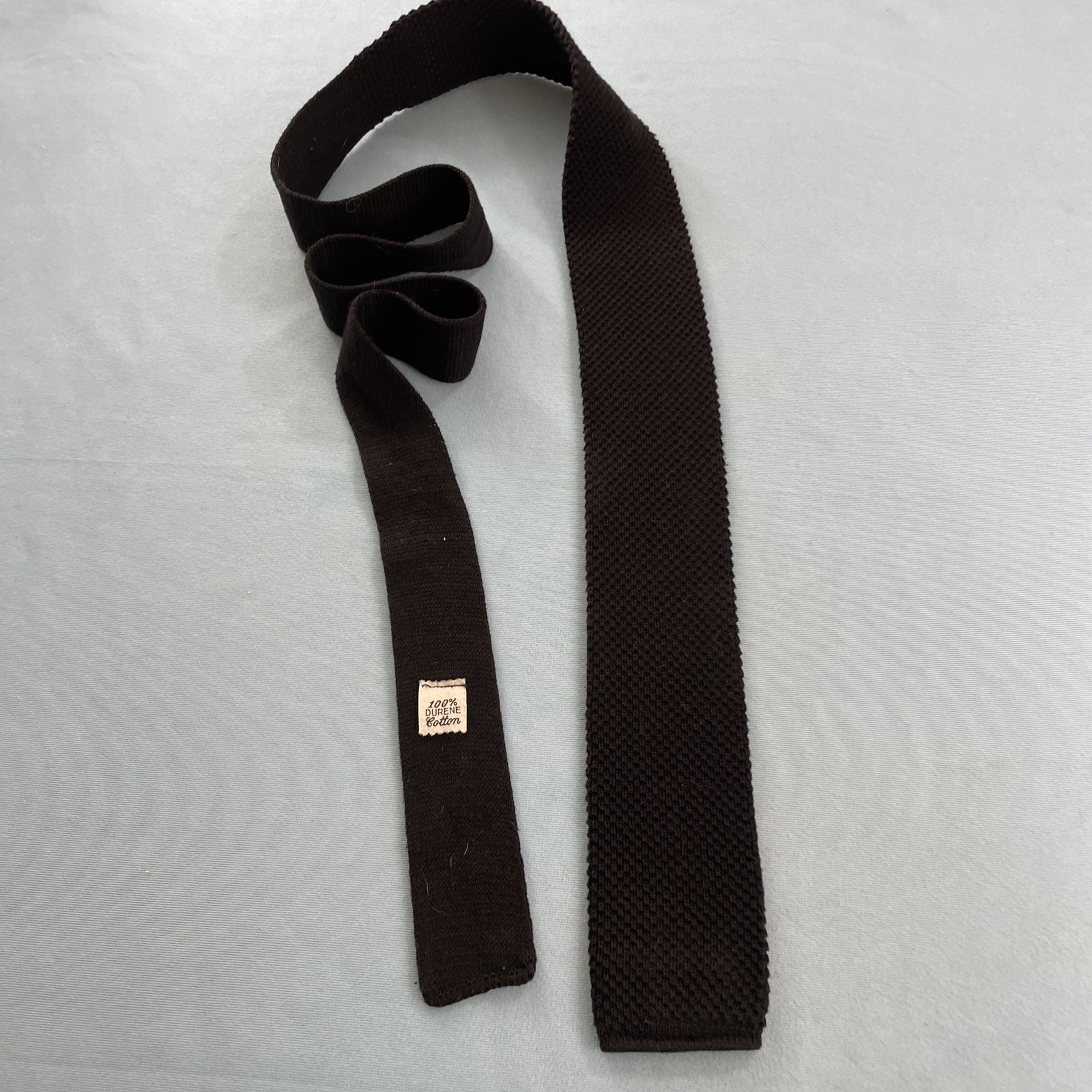 vtg 60s Durene Cotton Necktie Square End Solid Black Cloth Tie Ivy Knit 2×53 EUC