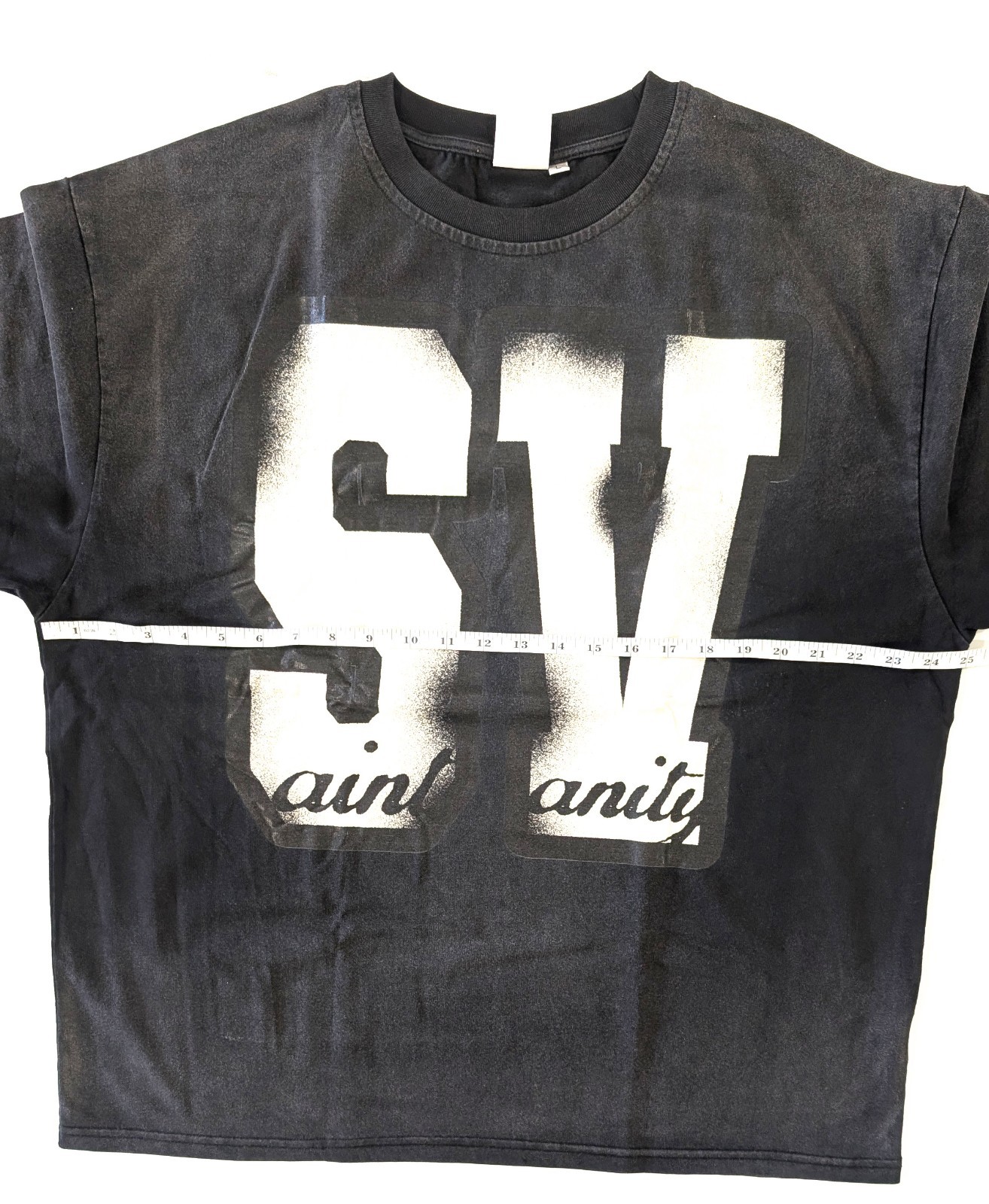 Saint Vanity Tee T-Shirt Black Distressed Size L SV Logo Printed Boxy Cotton New