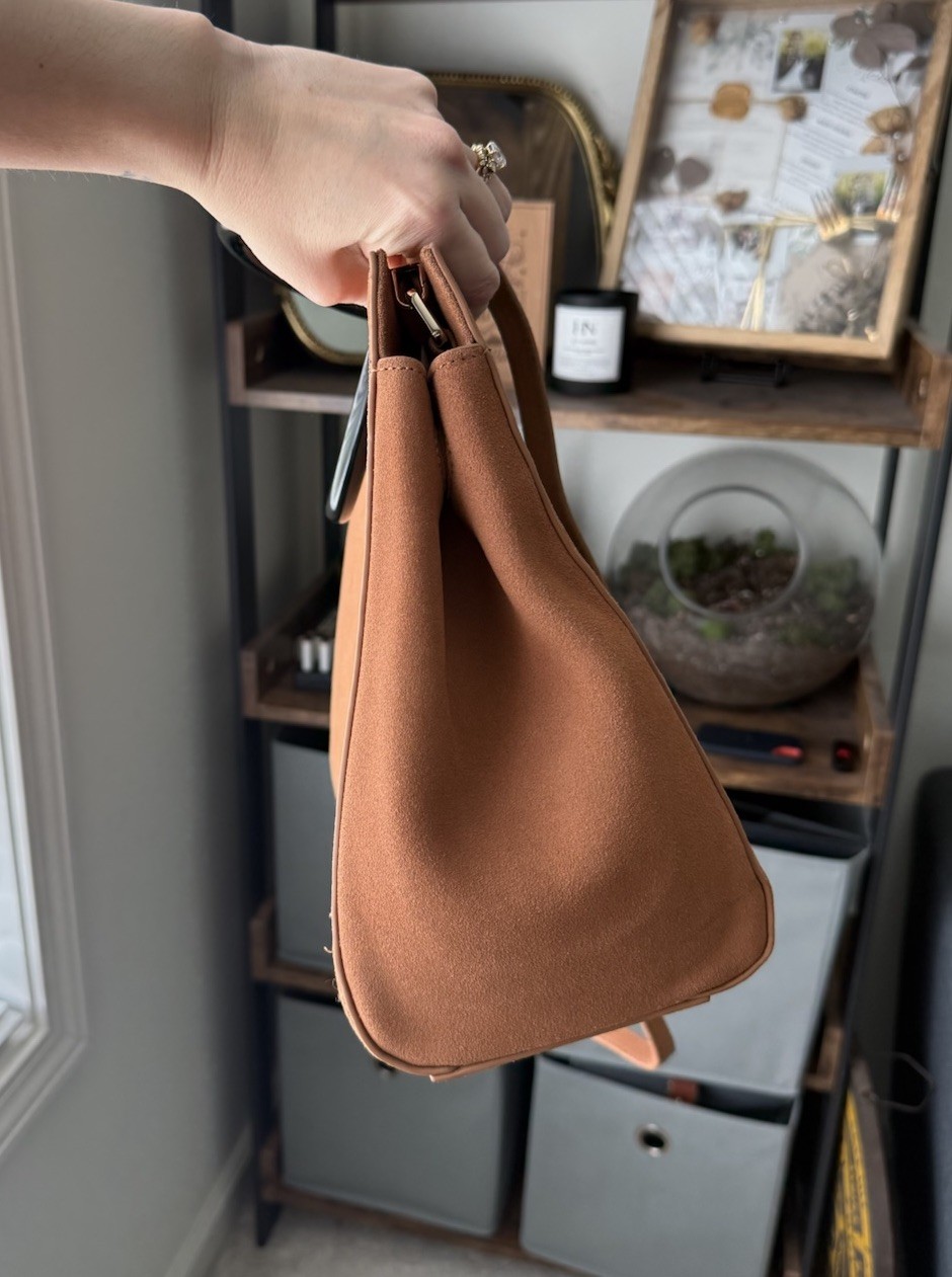 Bagging Rights Cognac Suede Tote Black Cream Stripe Two Straps Rare