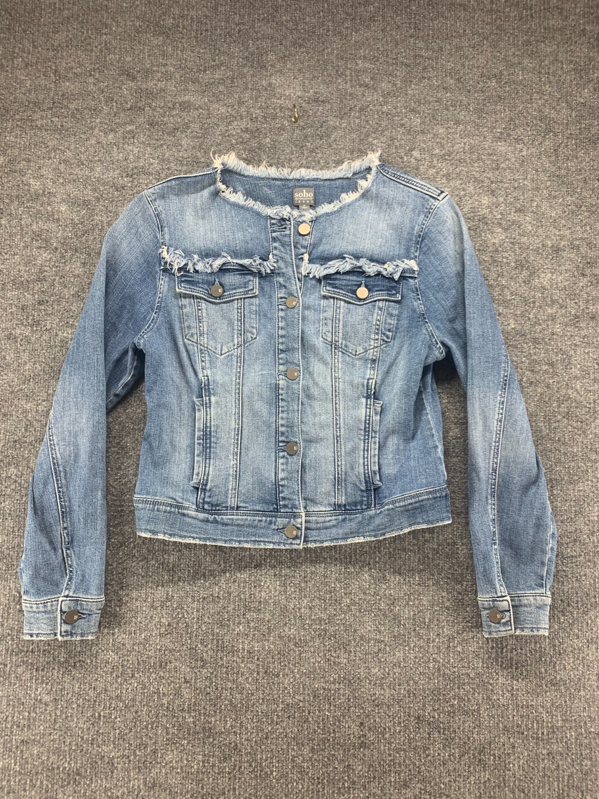 Soho Jacket Womens Medium M Blue Denim Jean Button Frayed Stretch Medium Wash