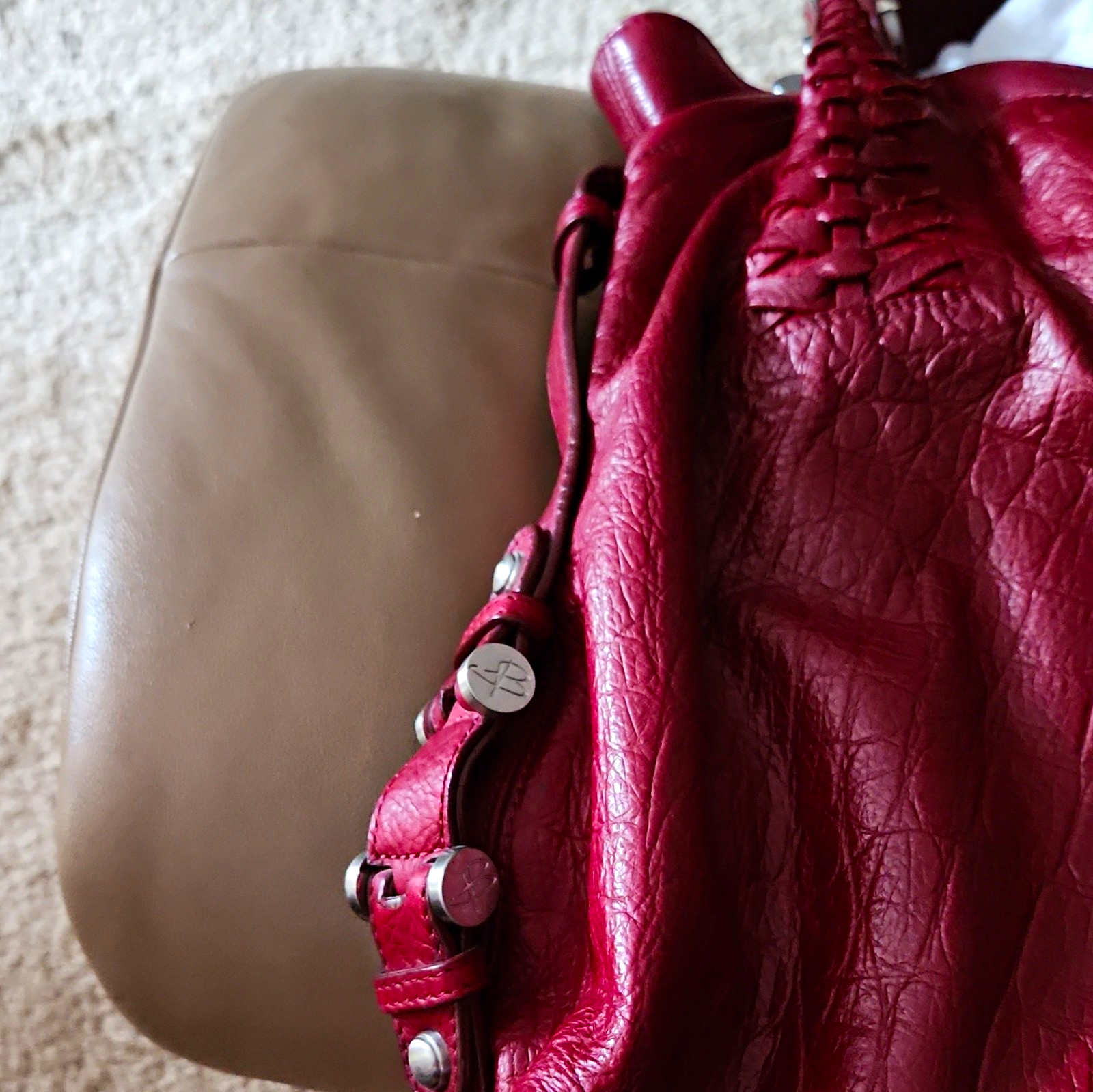 B. Makowsky Red Women’s Shoulder Bag Braided Studded Accents Zip, Pockets