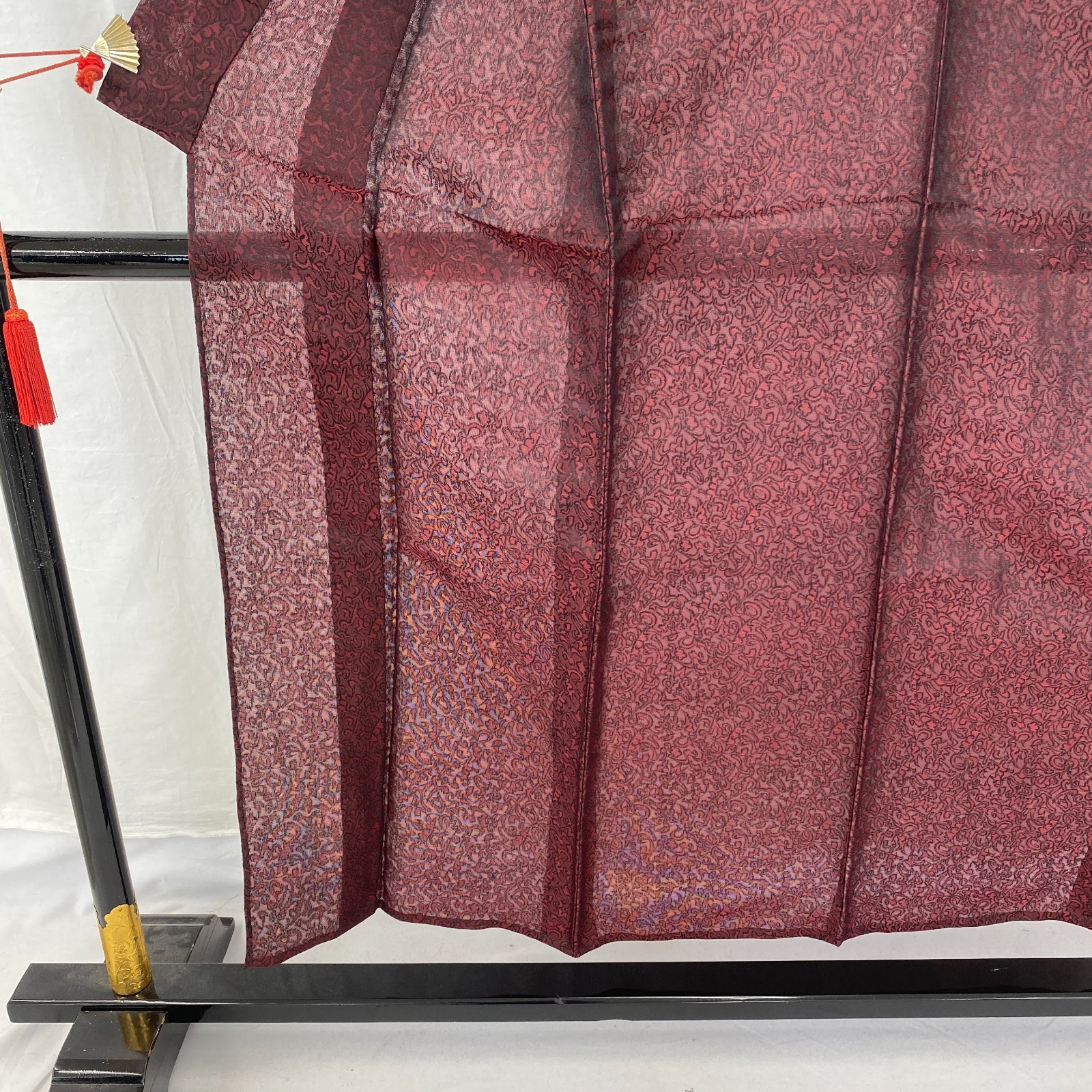 Japanese Vintage Kimono Silk Red No Lining Seethrough Traditional Length 58 in