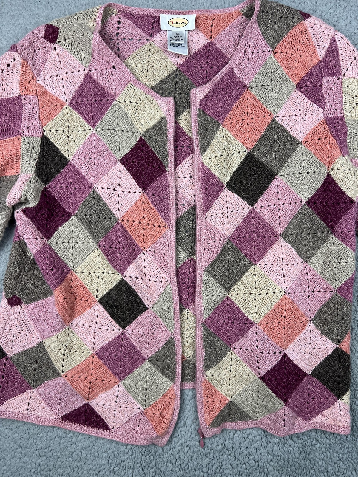 Talbots Cardigan Sweater Womens L/XL Pink Argyle Crochet Knit Zip Cottagecore