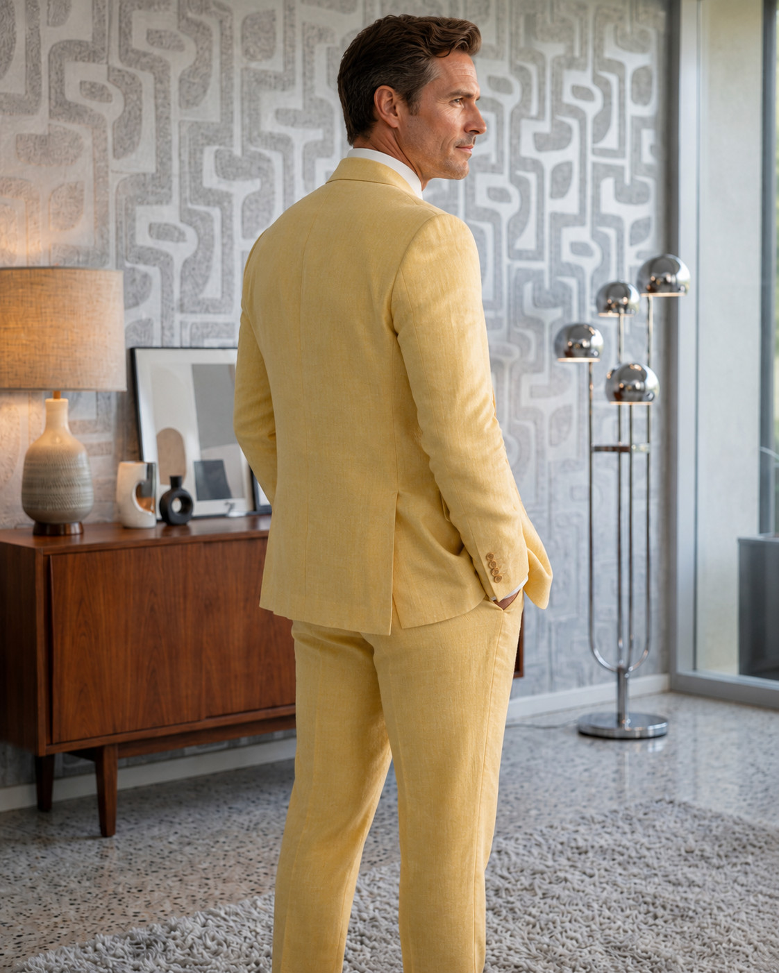 Mens Yellow Linen Suit Jacket Vest Pants Wedding Prom Groom Beach Party 3pc Set