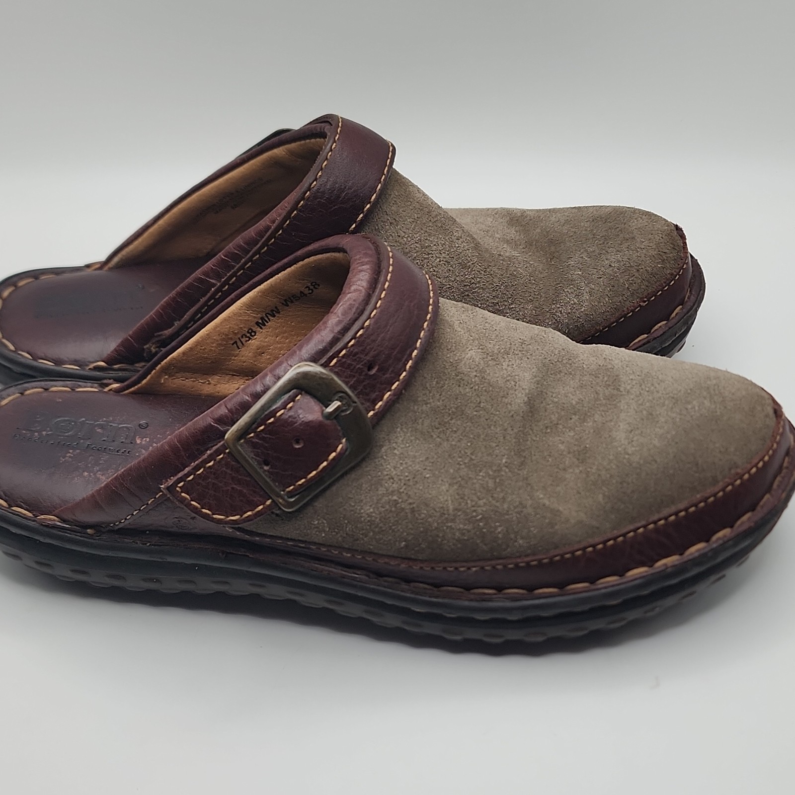 Born Womens Leather Slip-On Clog Mule Sandal w/ Buckle Strap Brown/Gray 7