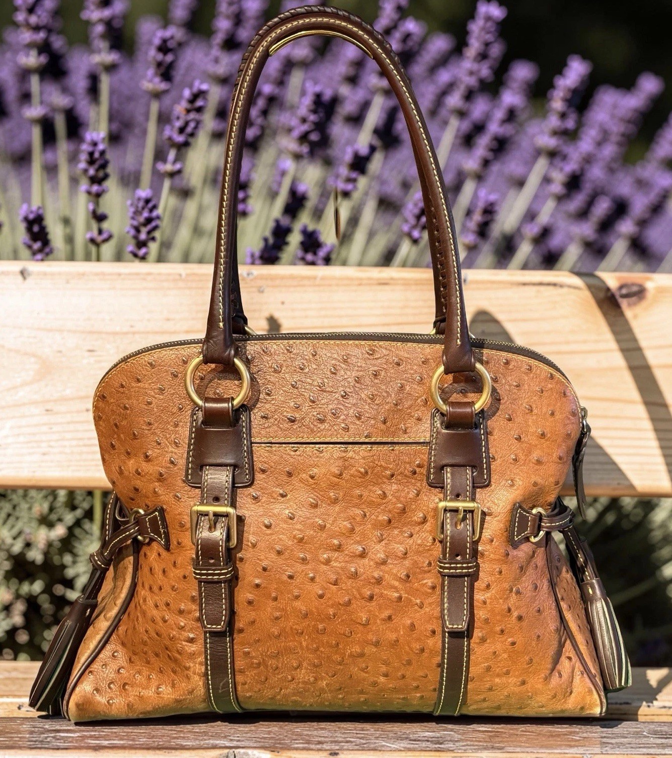 Dooney Bourke Chestnut Cognac Brown Ostrich Embossed Leather Large Satchel Bag