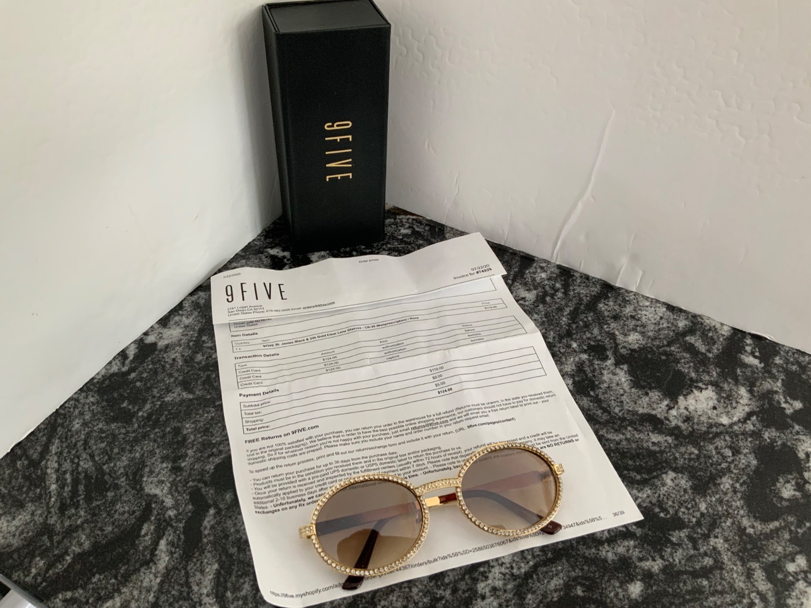9FIVE 24k Gold Sunglasses CR-39 with box and original sales order w/small flaw