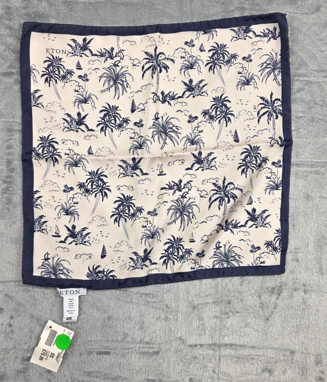 $75 New ETON Men’s 100% Silk Pocket Square Blue White PALM SAILBOAT Handkerchief