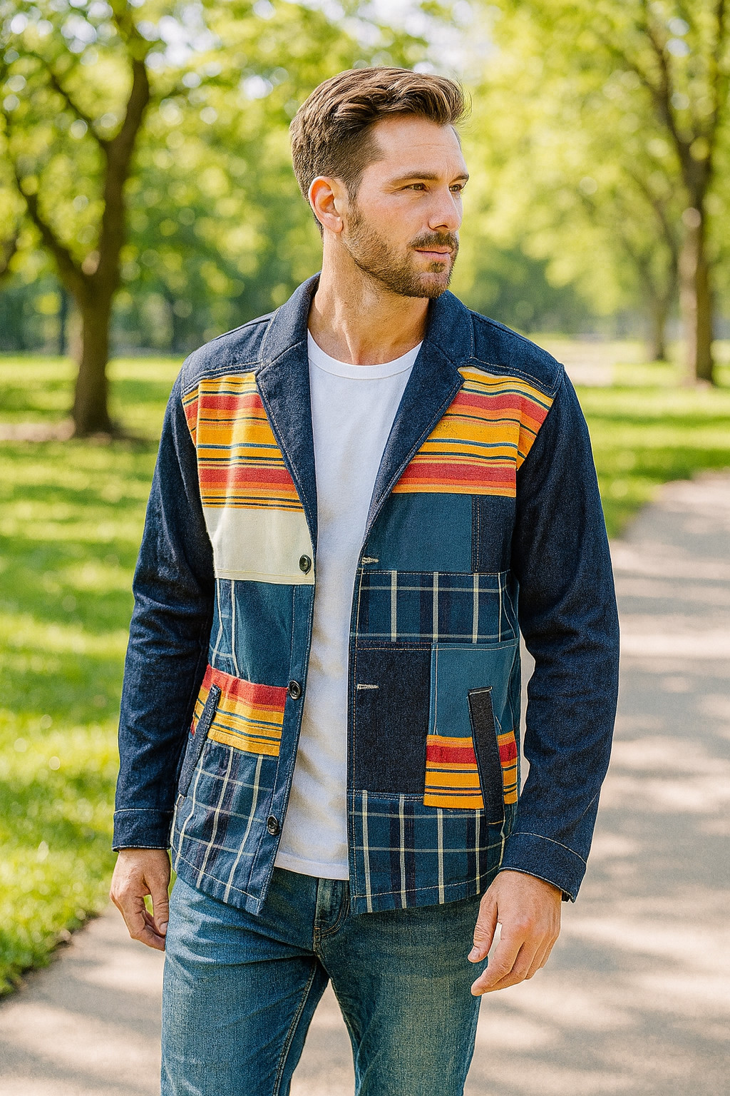 Sun + Stone Men’s XL Southwestern Indian Aztec Tribal Patchwork Denim Jacket