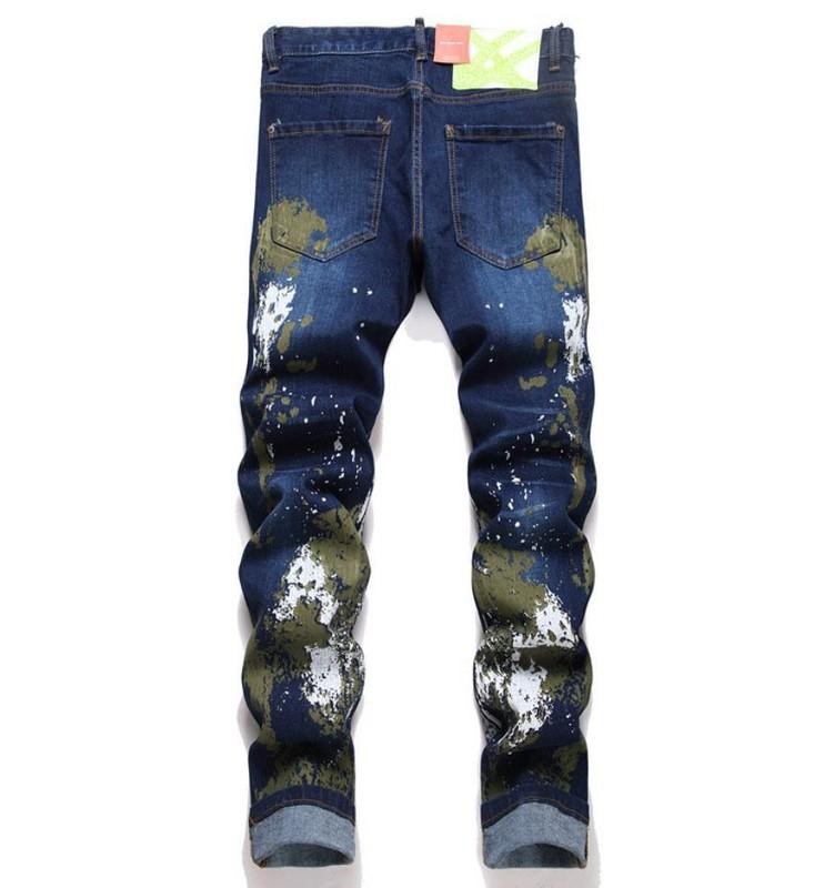 Men’s Blue Denim Jeans Printed Straight Leg Stretch Casual Punk Hip Hop Trousers