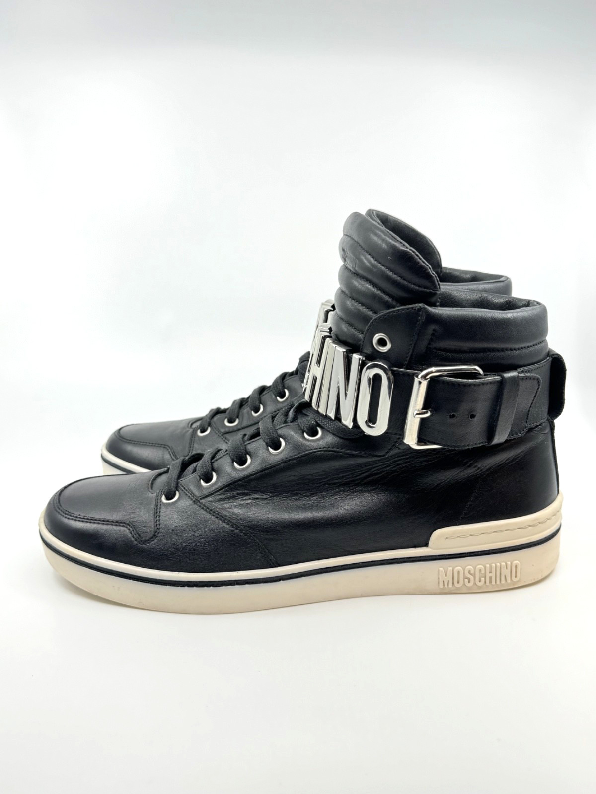 Moschino Mens Leather High Top Sneaker Logo Belt Buckle EU 43 US 10