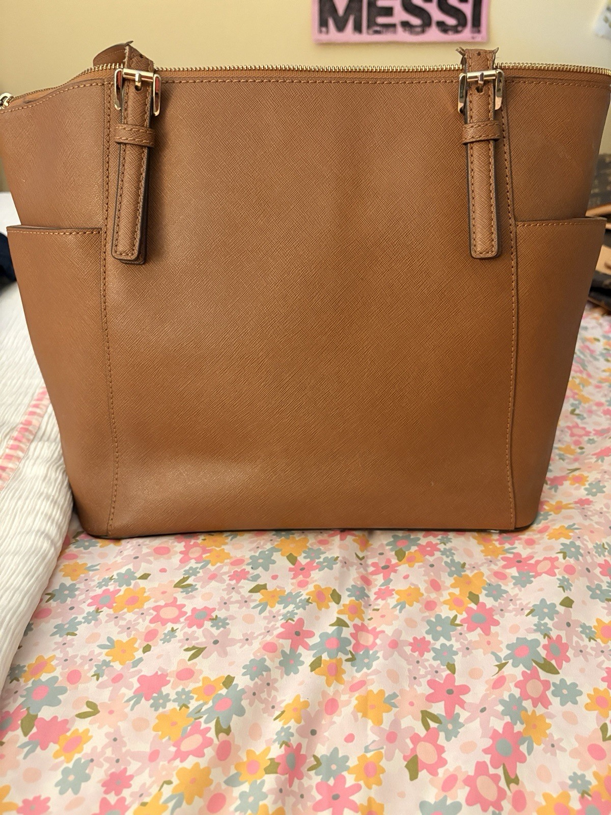 Michael Kors Women’s Brown Zip-Top Tote w/ MK Charm, Pockets, Gold Hardware