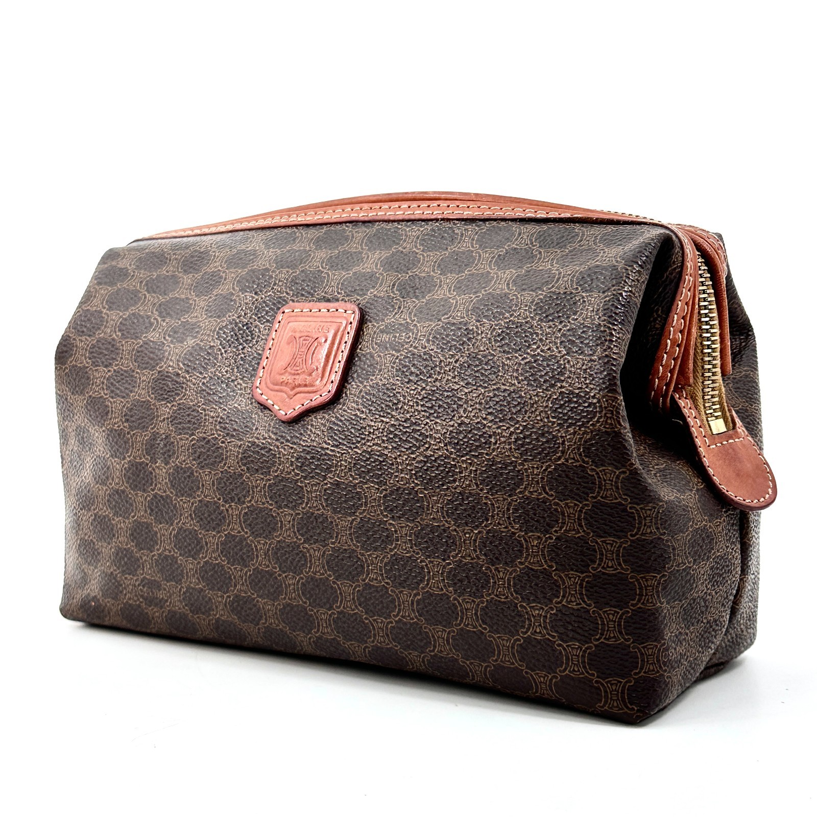 CELINE Vintage Macadam Vanity Clutch Bag Purse Cosmetic Pouch Brown