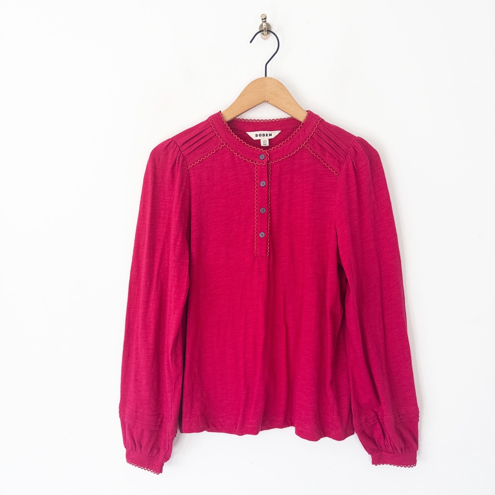 Boden Cotton Henley Blouse Top Size 14 Raspberry Pink Embroidered Long Sleeve