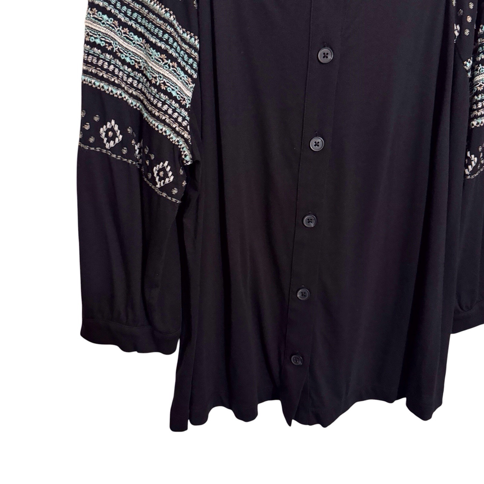 J. Jill Large Petite Black Embroidered Button Up Top Boho Beach Long Sleeve