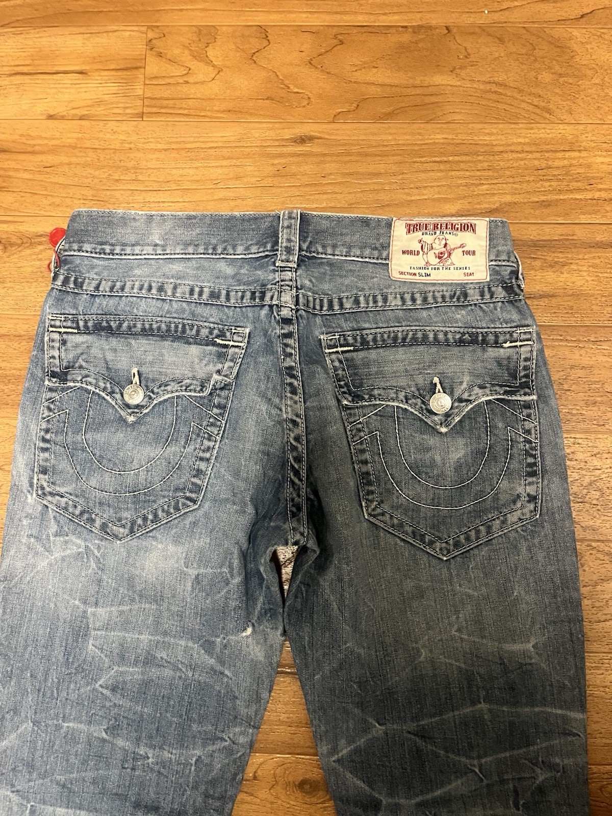 True Religion Jeans Mens Size 33 Blue Straight Leg Flap Pockets Distressed Denim