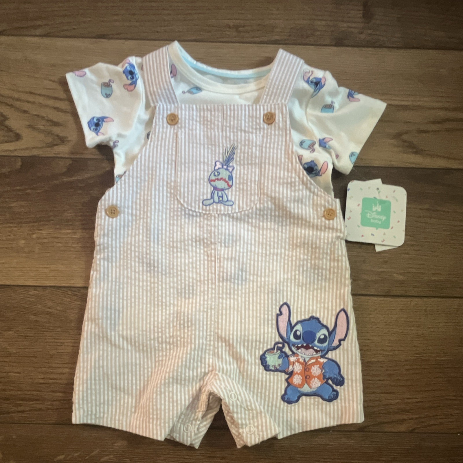 Disney Stitch 2pc Seersucker Striped Overalls & Short Sleeve Shirt Set 12M