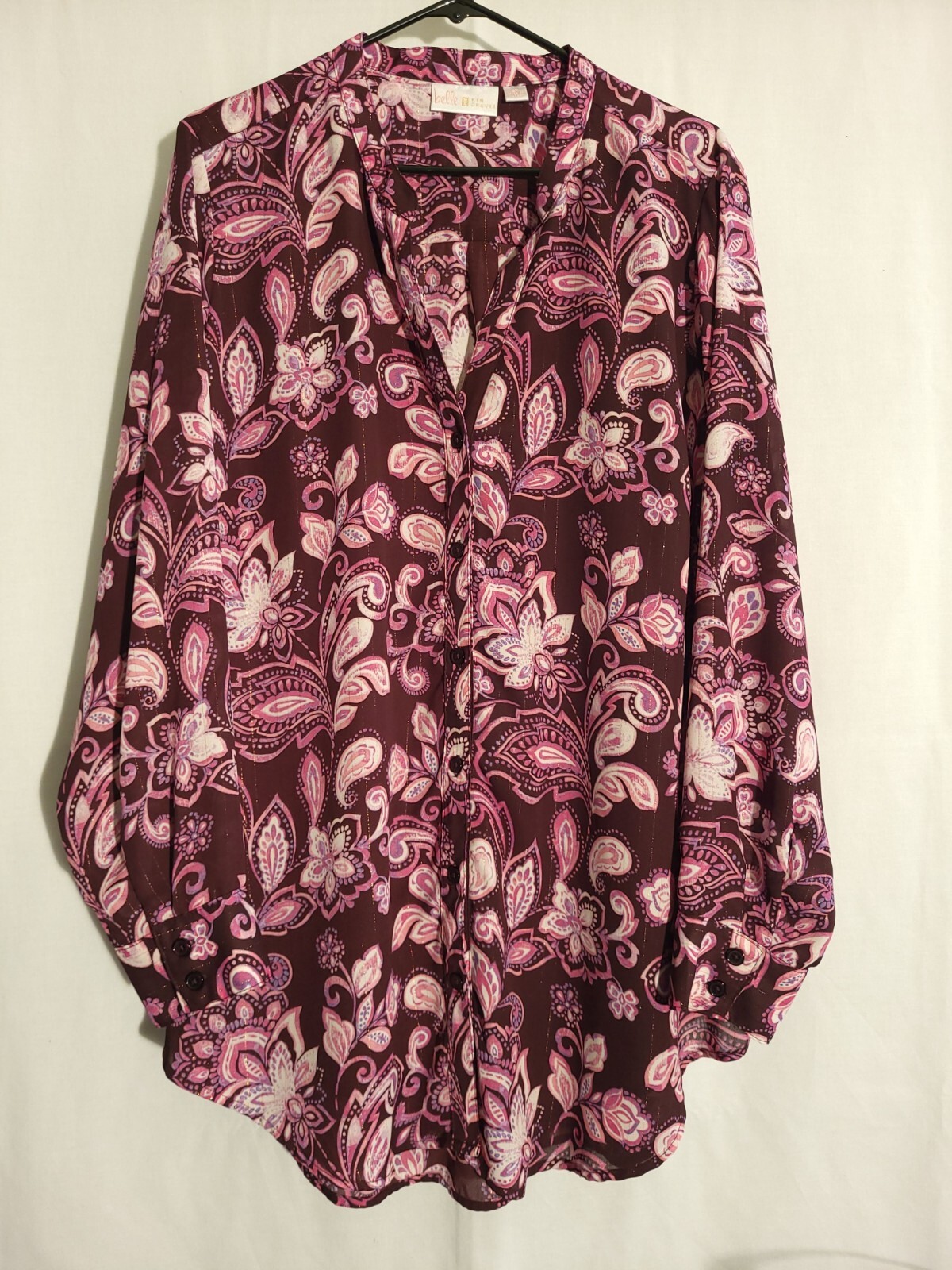 Bellle Kim Gravel-Burgundy Pink Paisley Semi-Sheer Lined Long Sleeve Top-2X