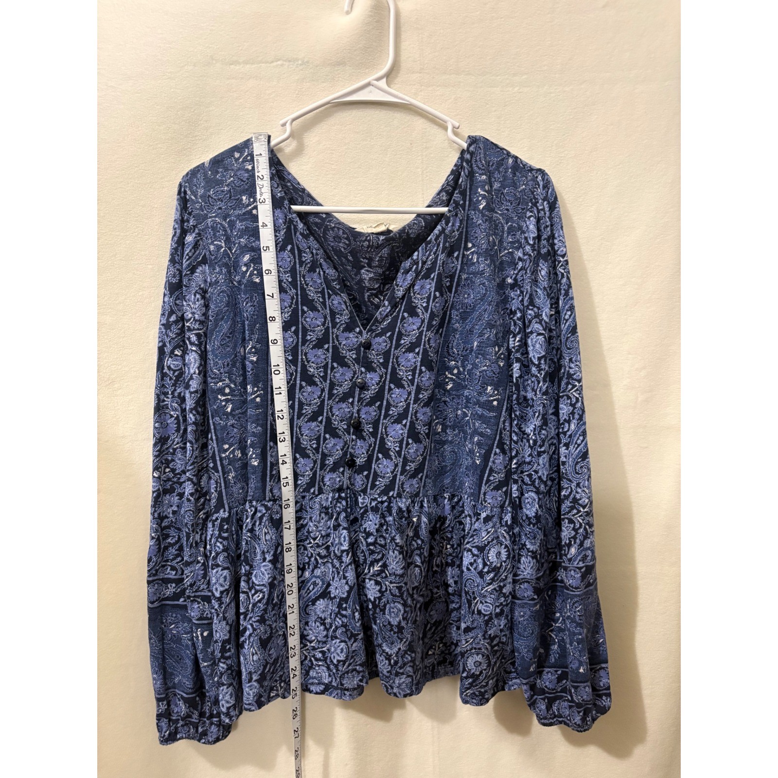 Lucky Brand Womens XL Navy Blue Paisley Floral Peplum Boho V-Neck Blouse Top