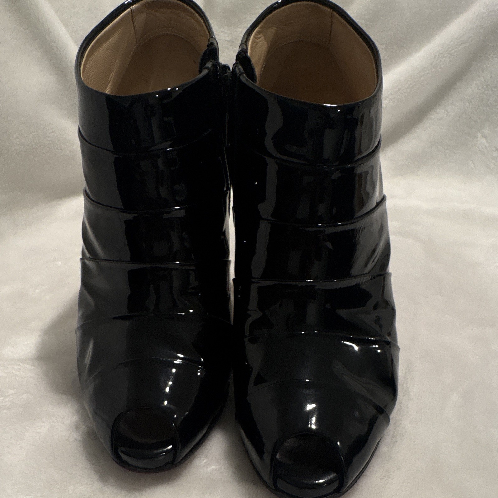 Christian Louboutin Women’s Black Patent Peep Toe Stiletto Bootie Zip 6.5