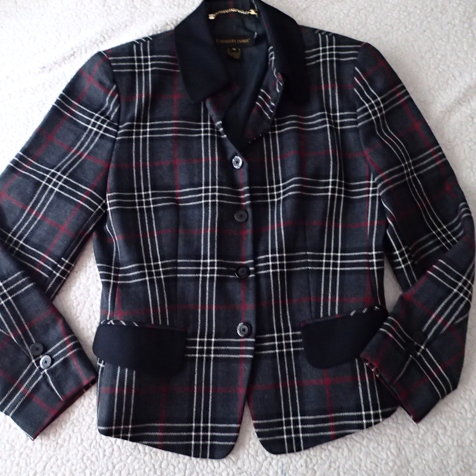 CLASSIQUES ENTIER sz M,TOP,BLAZER, tweed charcoal white red black plaid wool ar
