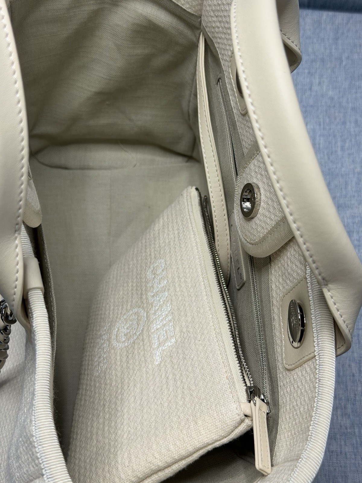 Chanel Deauville MM Tote Bag With Pouch Chain Tweed Material White