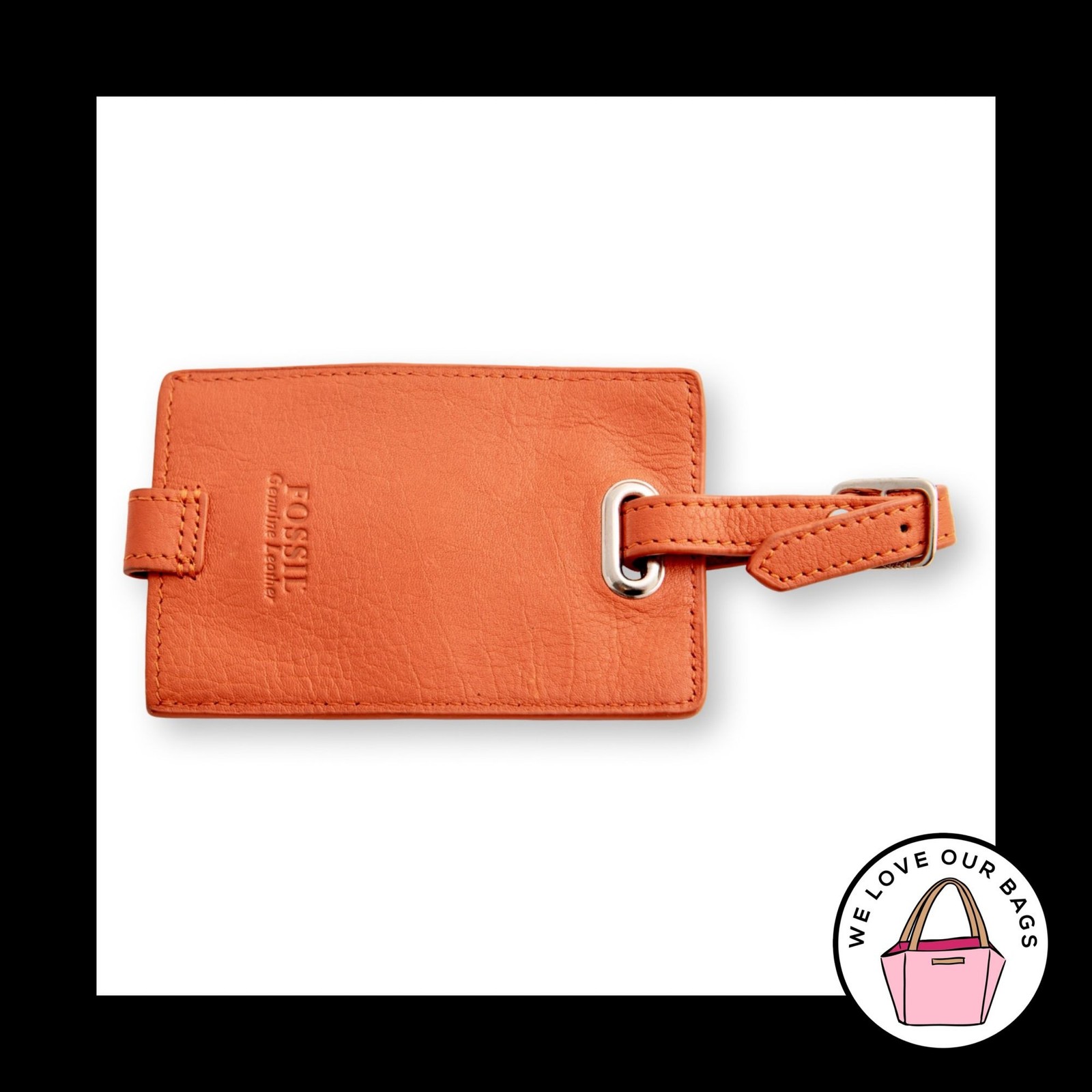 FOSSIL LUGGAGE ID Tag Orange Leather Buckle Snap Key Hang Fob Bag Charm Keychain
