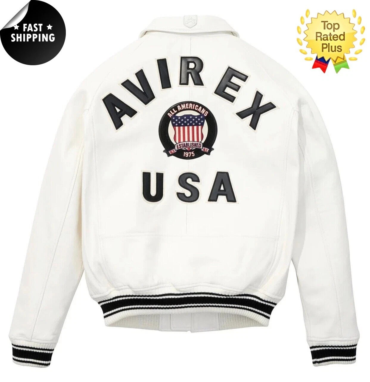 Avirex Ivory Varsity Jacket Zip Front USA Crest Patch Streetwear Coat