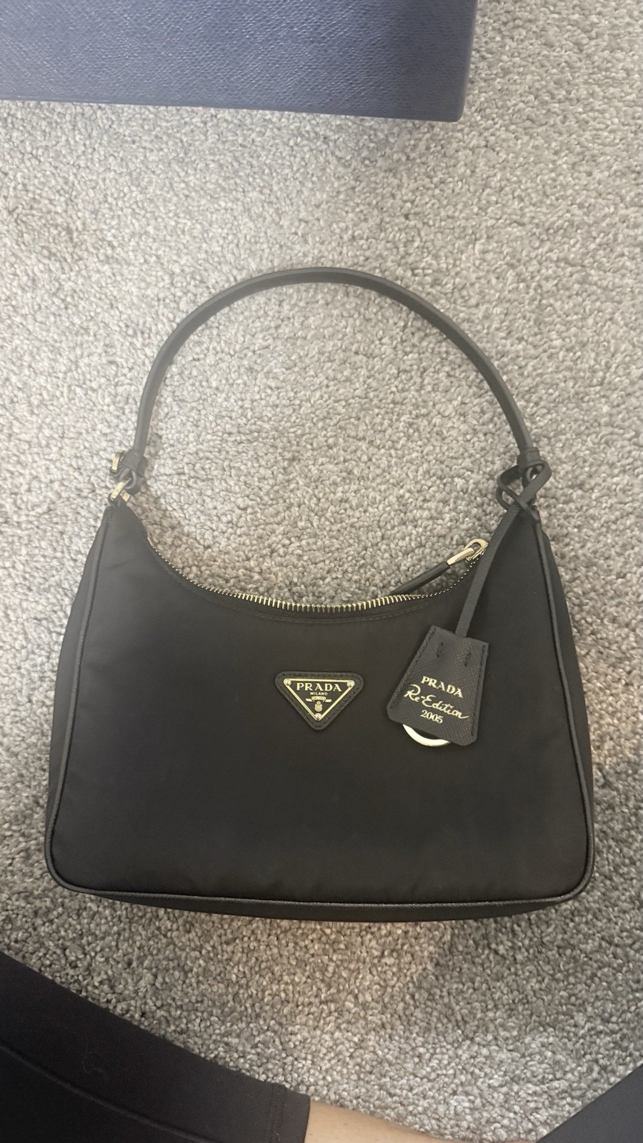 PRADA Re-Edition Black Shoulder Bag Zip Top Gold Hardware Dust Bag Card
