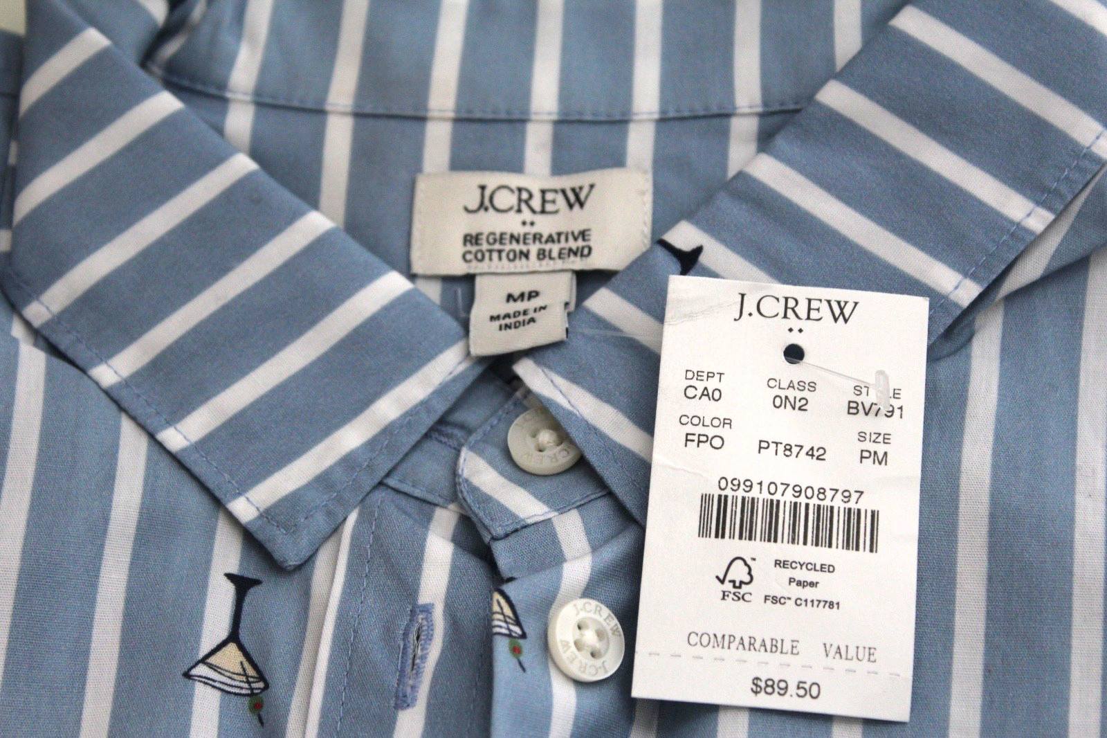 NWT J CREW Petite Blue Stripe Martini Print Cotton Stretch Shirt Sz PM
