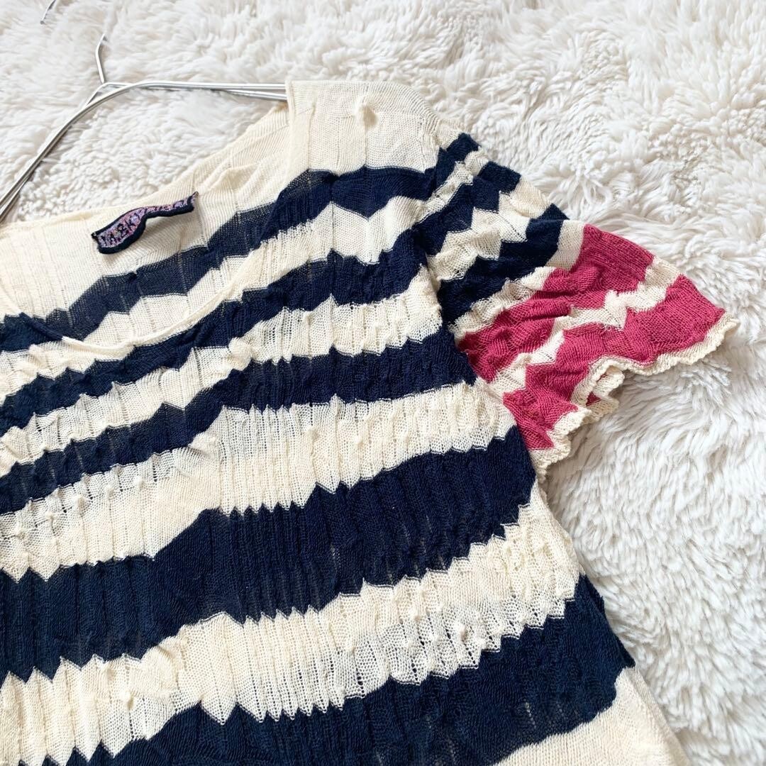 M.&KYOKO Silk Blend Short Sleeve Striped Knee Dress Size 1 Ivory Navy Pink Auth